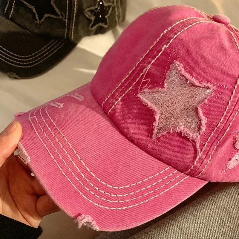 Retro Star Washed Denim Hole star Baseball Cap