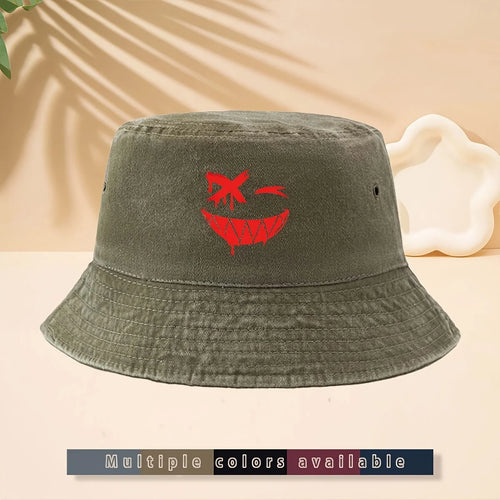 FiFunny Smiley Face Pattern American Retro Dark Funny High Street Style Bucket Hat