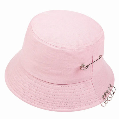 Solid Color Iron Pin Rings Personality Bucket Hat