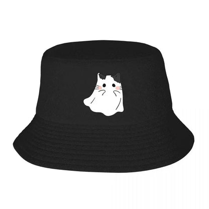Cute Ghost Cat Printed Bucket Hat Fisherman's Hat Beach Travel