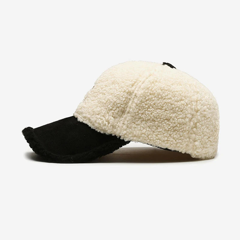 Trendy Big Letter Embroidery Men Winter Hats White Brown Lambswool Baseball Cap For Women