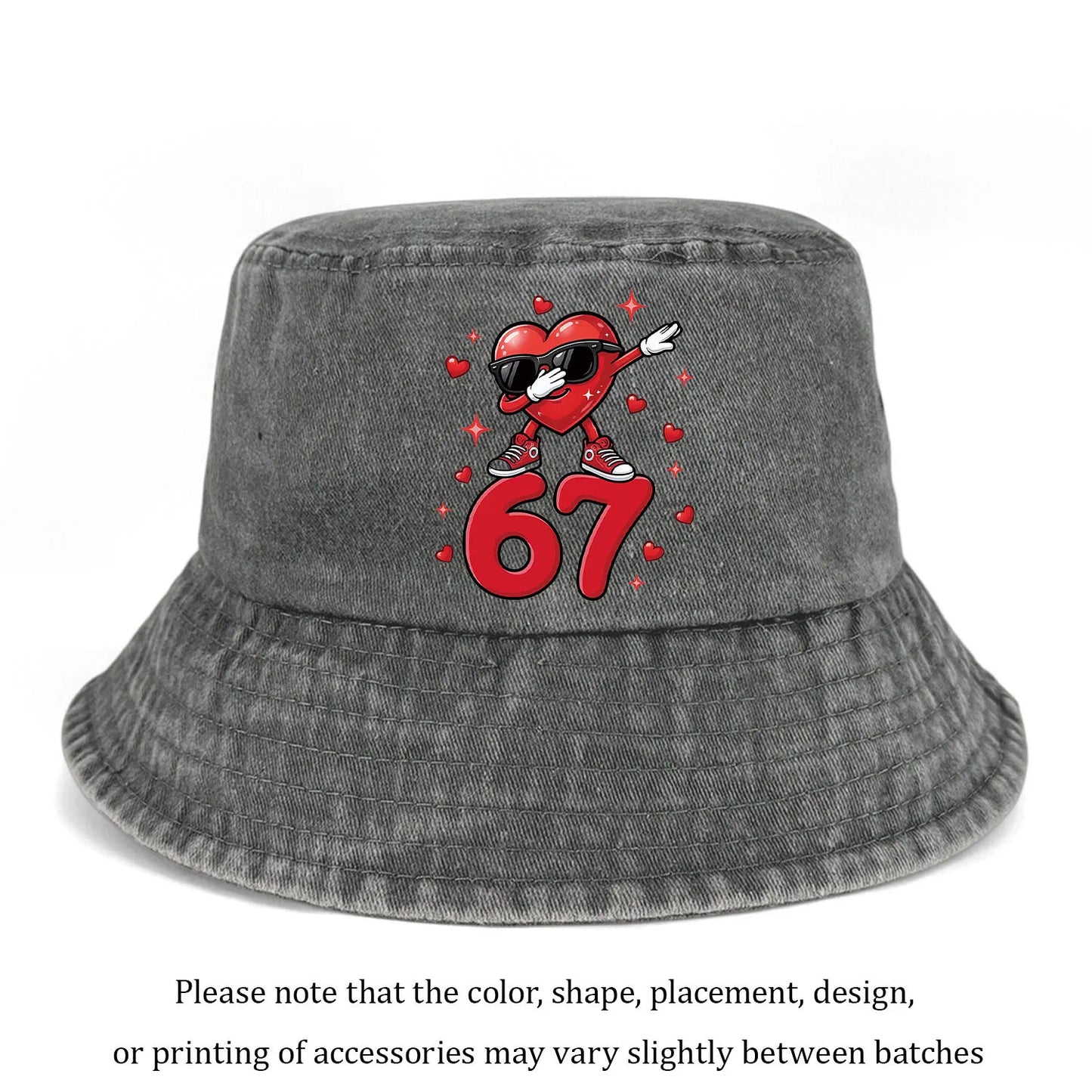 A Washed Denim Bucket Hat With A Sunglasses Heart Number