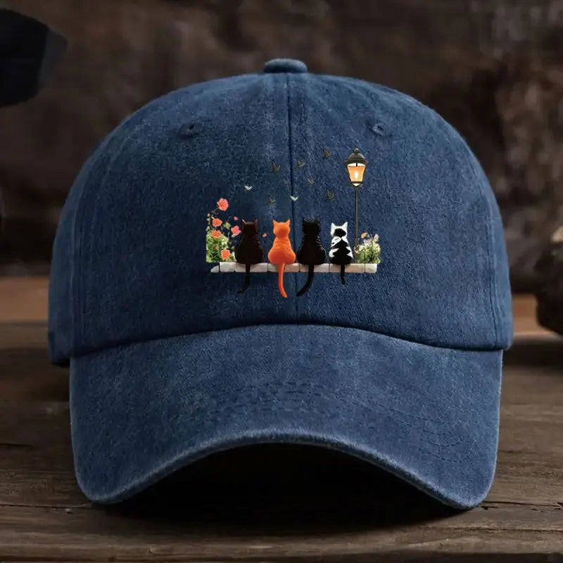 Washed Baseball Cap With Lantern Cats Cartoon Pattern Print