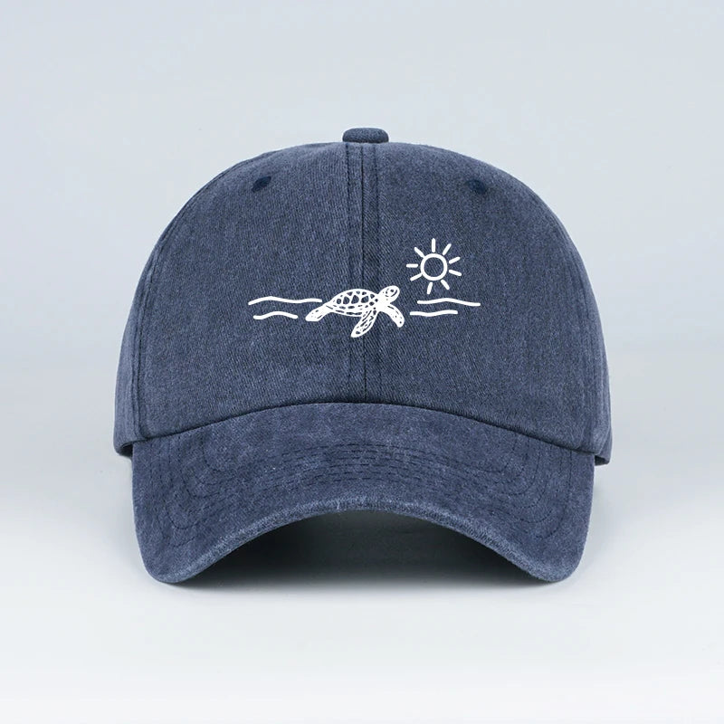 Vintage Washed Baseball Cap With Turtle