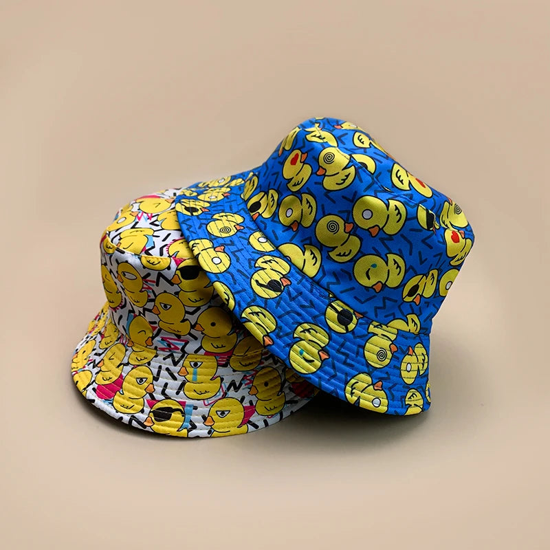 Cartoon Yellow Duck Bucket Hats New Unisex Cute Sunshade Double Sided
