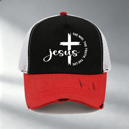 Christian Jesus Cross Print Color Block Mesh Baseball Cap