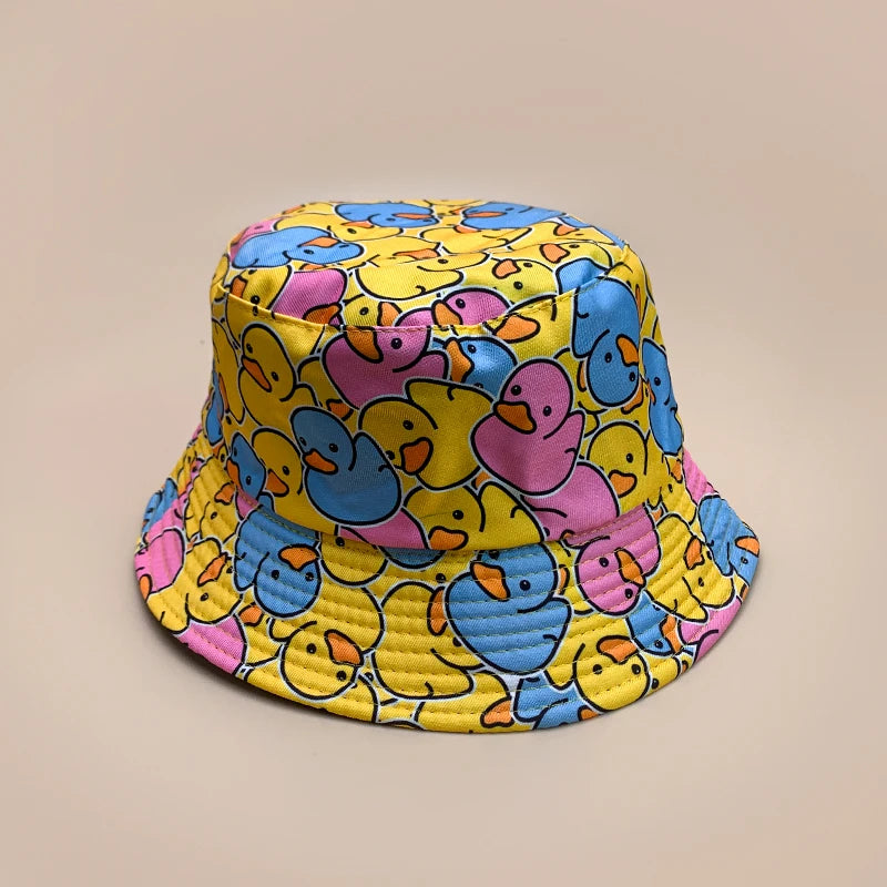 Cartoon Yellow Duck Bucket Hats New Unisex Cute Sunshade Double Sided