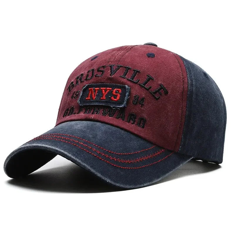 Four Seasons Men Baseball Cap Casual Distressed Cotton Letter Embroidered Cap Bent Brim Dome