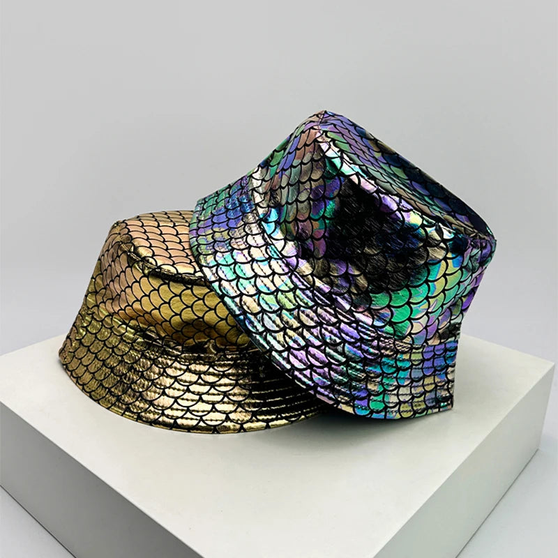 Shiny PU Leather Colorful Bucket Hats Sunshade New Unisex Fisherman Caps