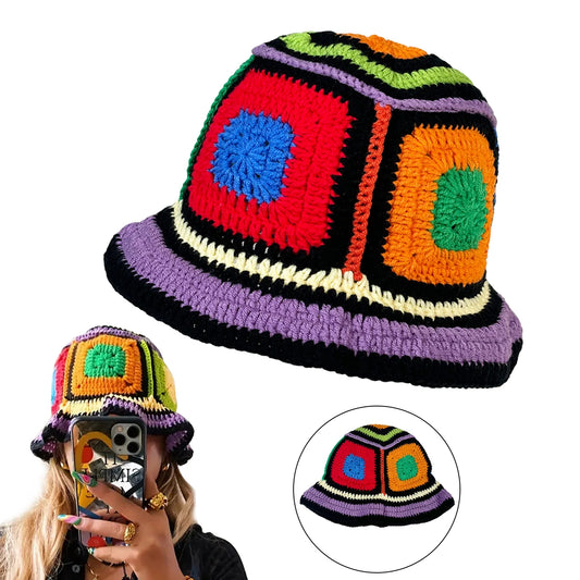 Purple-Edged Zuma Hat, Hand-Knitted Colorful Patchwork Crochet Bucket Hat