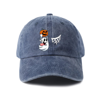 Vintage Washed Ghost Pumpkin Spider Web Graphic Baseball Cap