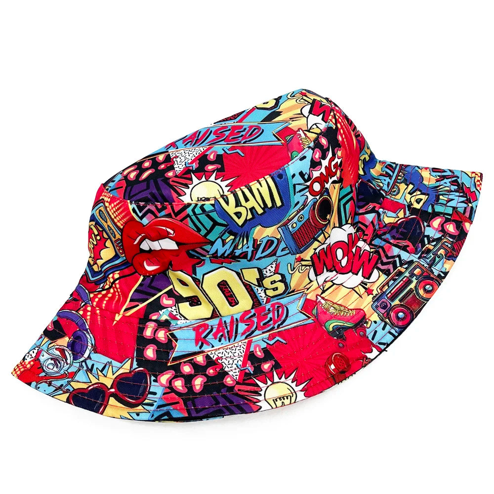 90s POP Print Letter Red Bucket Hat Fisherman Hats Panama Cap For Men Women