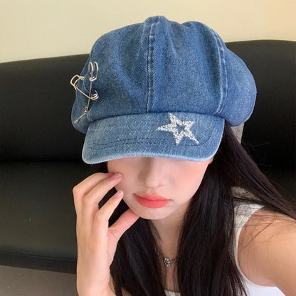 Spring and Summer Big Head Flash Diamond Star Pin Denim Beret Hat