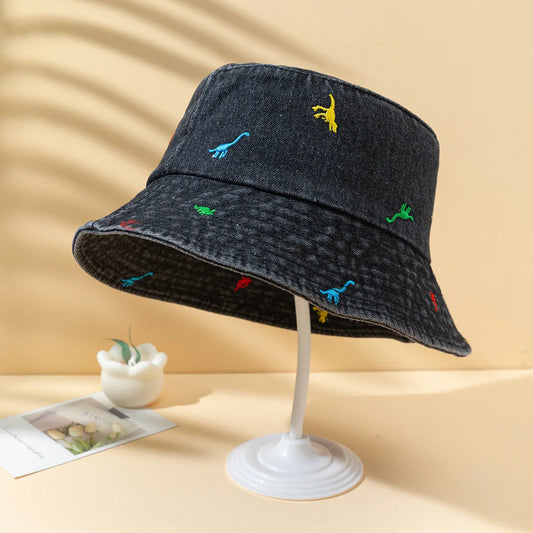 New Denim Summer Bucket Hat For Women Embroidery Cute Cartoon Dinosaur