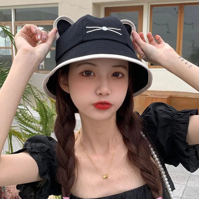 Korean Cartoon Cat Ears Women Bucket Hat