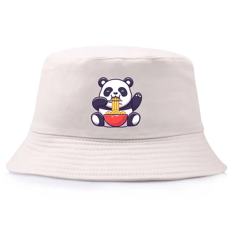 Panda Eating Noodles Pattern Reversible Bucket Hat