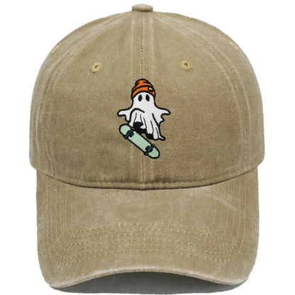 Vintage Washed Cool Skateboarding Ghost Embroidery Baseball Cap