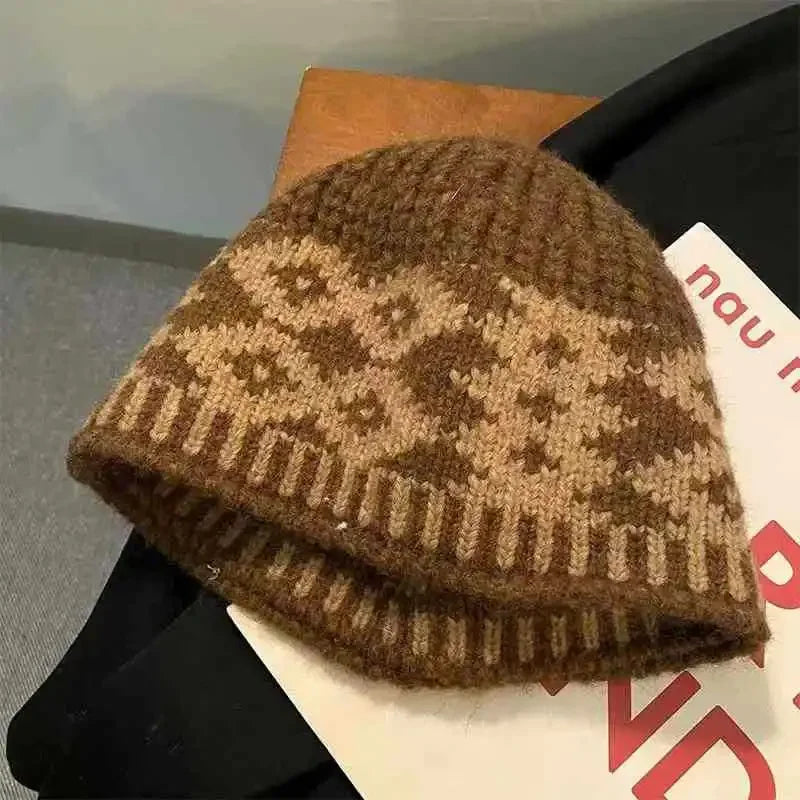 Winter Warm Knitted Hat for Women Retro Embroidered Wool Blend Bucket Hats