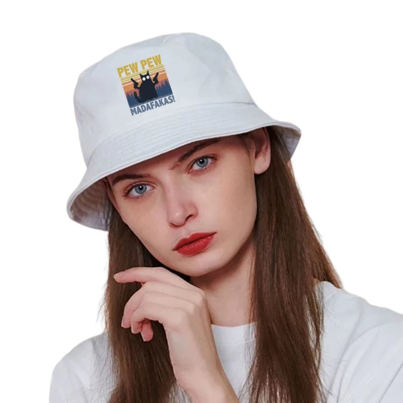 Pew Pew MADAFAKAS Black Cat Bucket Caps Women Street Beach Sun Hat Hip Hop Casual Fisherman Hats Men