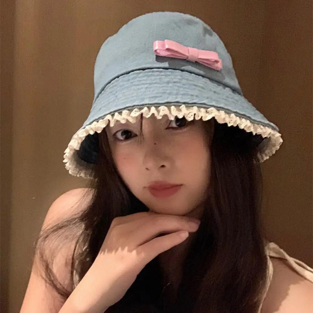Casual Big Brimmed Denim Bucket Hat Y2K Sunscreen Lace Fisherman Hat