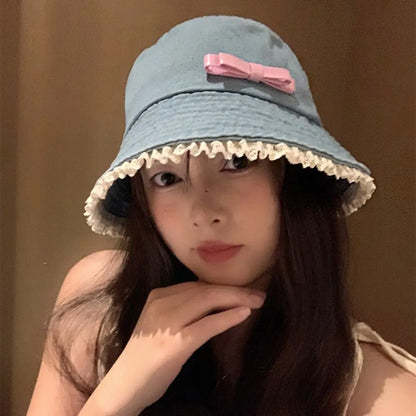 Casual Big Brimmed Denim Bucket Hat Y2K Sunscreen Lace Fisherman Hat
