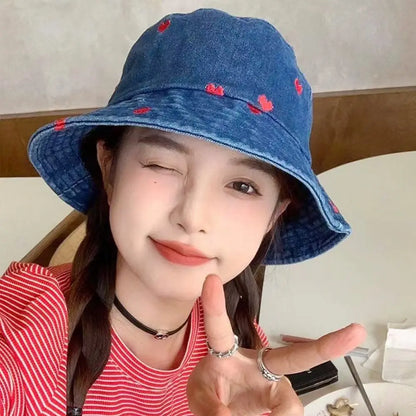 Summer Denim Bucket Hat UV Protection Wide Brim Sun Cap Panama Hat