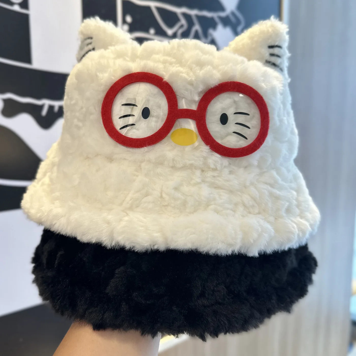 Cute Glasses Cartoon Plush Fisherman Hat Autumn Winter Warm Windproof Bucket Hats