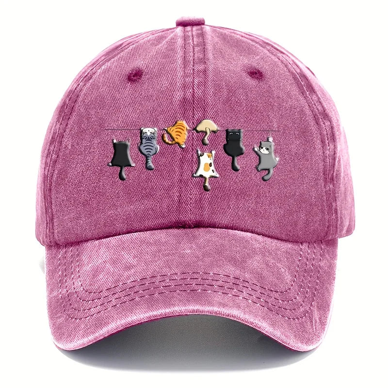 Trendy Cute Cat Print Washed Vintage Soft Top Sunshade Baseball Cap