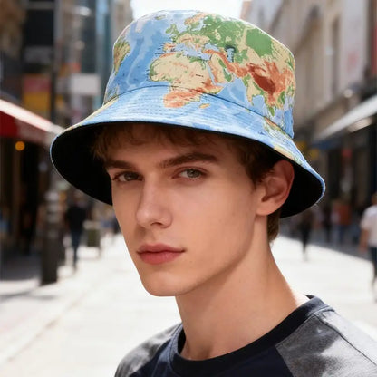 World Map Print Fisherman Hat Breathable Foldable Bucket Hat
