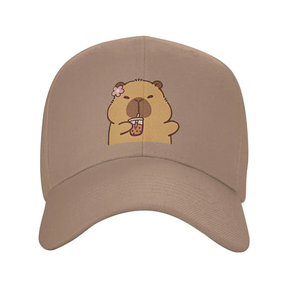 Cartoon Capybara Drinking Milk Tea Baseball Caps