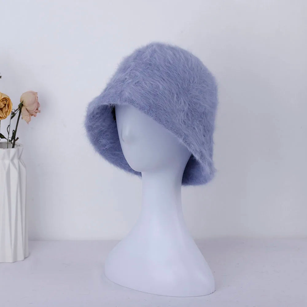 New Hat Winter Women's Fashion Solid Color Rabbit Fur Hat Bucket Cap