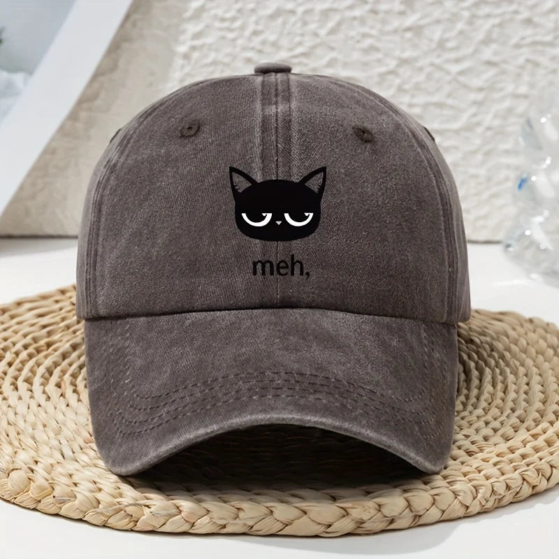 Cartoon Black Cat Print Vintage Washed Baseball Cap