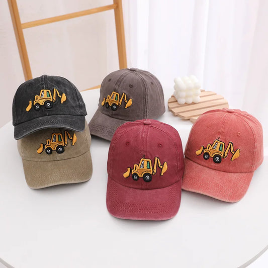 School Kids Baseball Hats Bulldozer Excavator Embroidered Boys