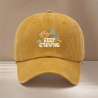 Baseball Cap With "KEEP GROWING" Text And Mushroom Pattern