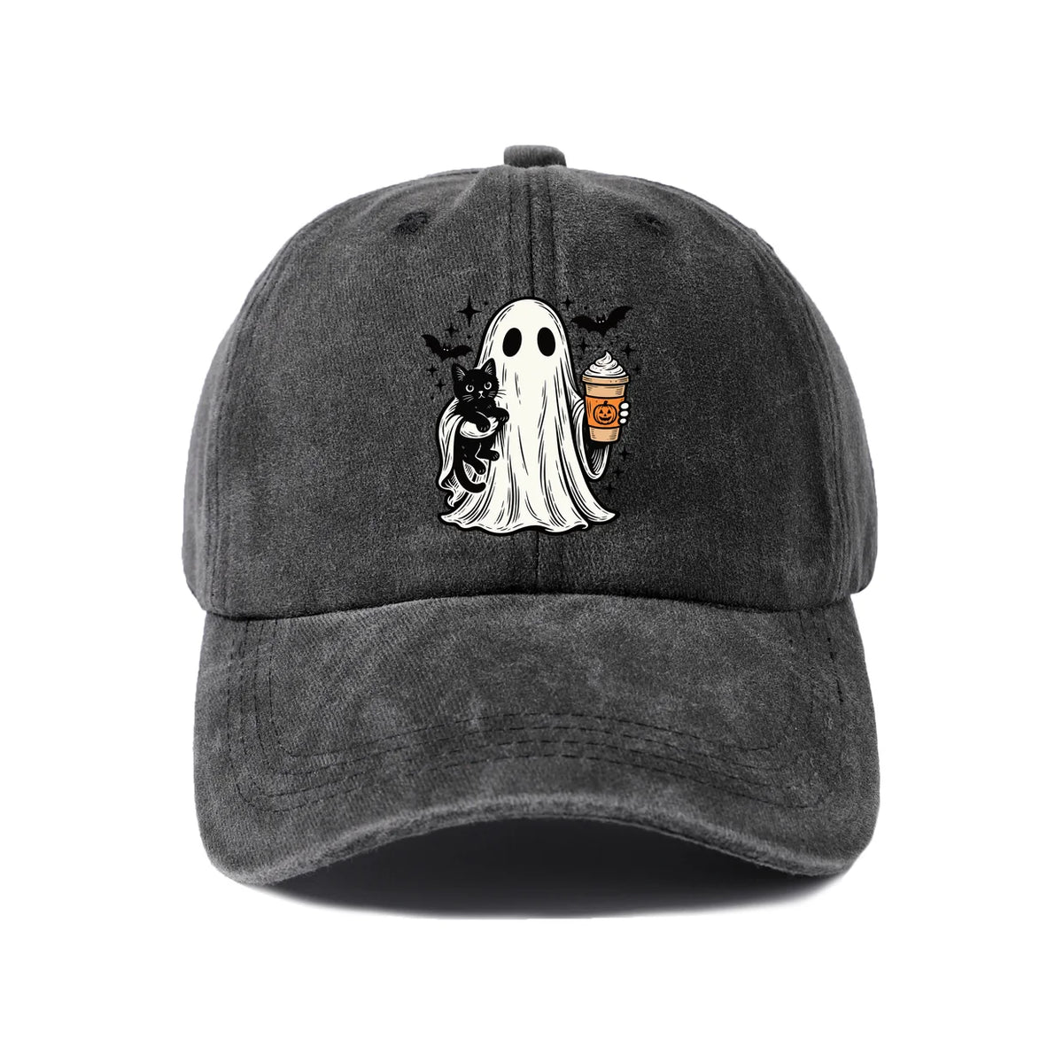 Vintage Washed Ghost Black Cat Coffee Graphic Baseball Cap