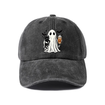 Vintage Washed Ghost Black Cat Coffee Graphic Baseball Cap