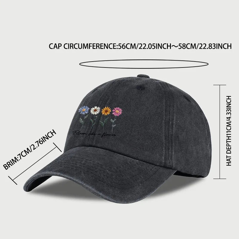 Vintage Washed Daisy Baseball Cap – Unisex “Flowers in Bloom” Letter Print