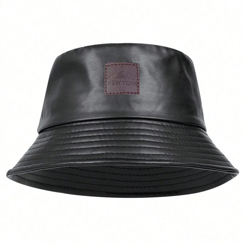 Unisex PU Leather Label Mountain Stamp Range Bucket Hats Fishermen Caps
