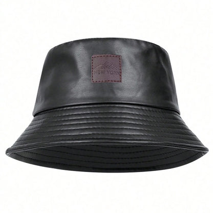 Unisex PU Leather Label Mountain Stamp Range Bucket Hats Fishermen Caps