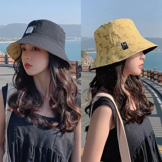 Double-Sided Wear Women Bucket Hat Korean Fashion Letter Print Fisherman Hats For Girl