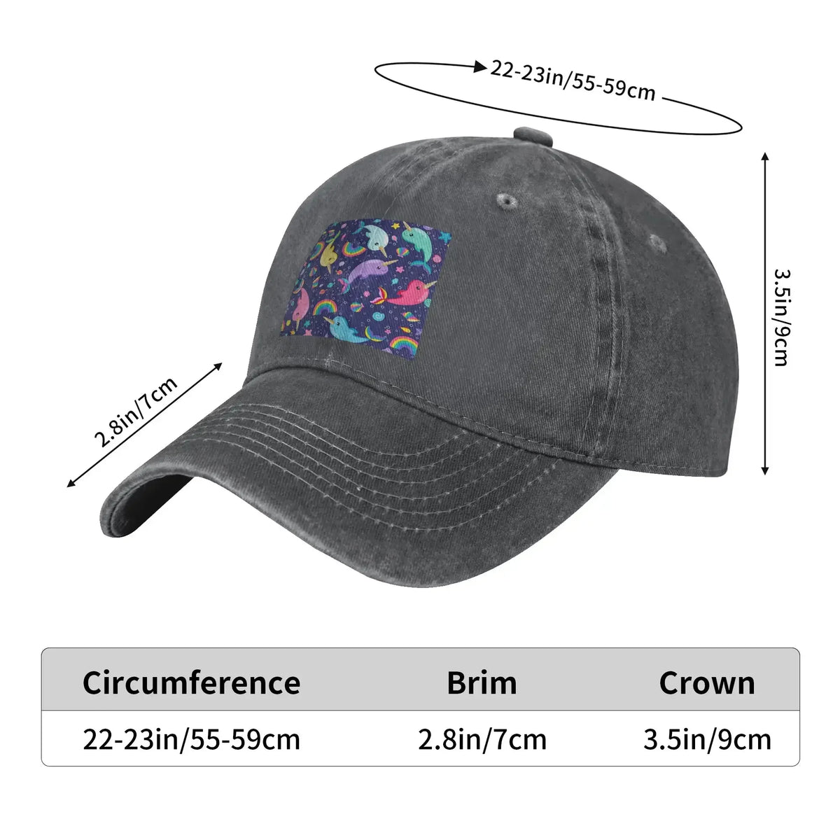 Rainbow Narwhals Under the Sea Blue Washed Denim Cap Casual Baseball Caps