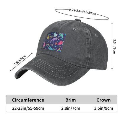 Rainbow Narwhals Under the Sea Blue Washed Denim Cap Casual Baseball Caps
