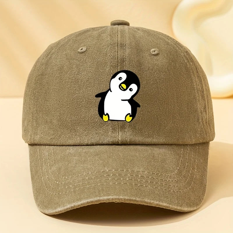 Retro Washed Penguin Cartoon Printed Baseball Cap