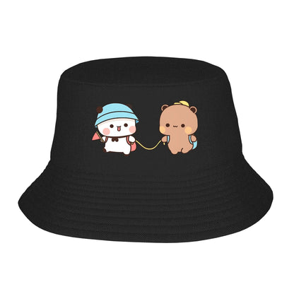 DuDu Bear And BuBu Panda Twining In Blue Bucket Hat