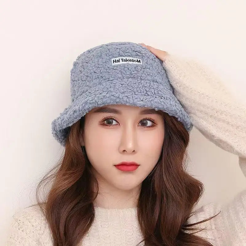 Winter Girl Boy Bucket Hat Cute Lamb Wool Letter Fisherman