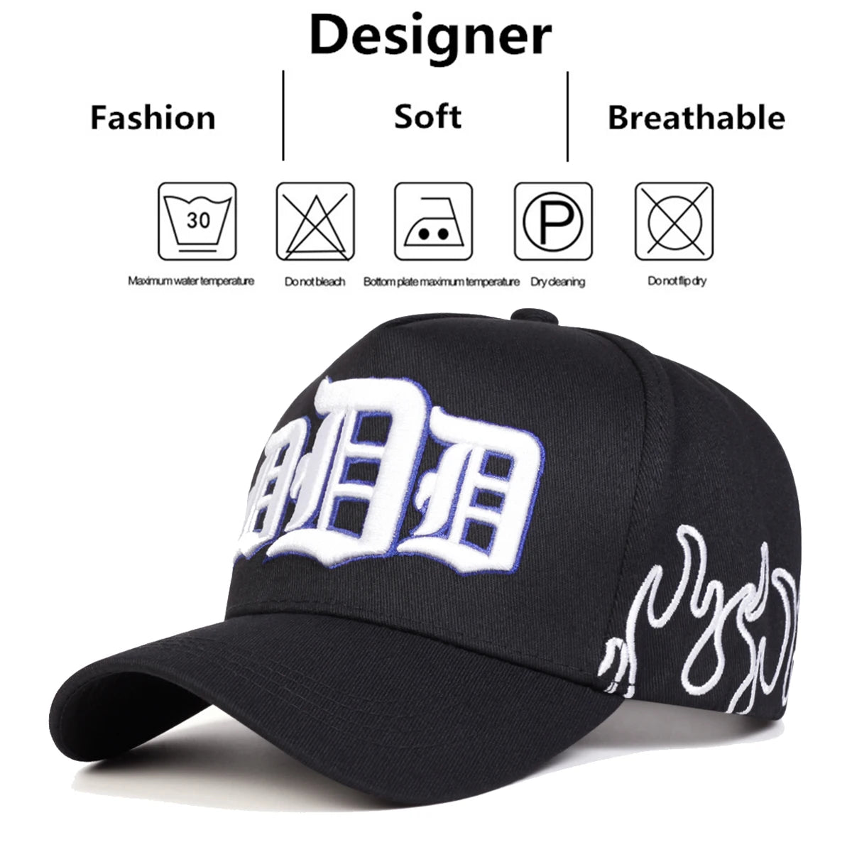 Unisex Gothic D Letter Flame Embroidery Baseball Caps Spring and Autumn Outdoor