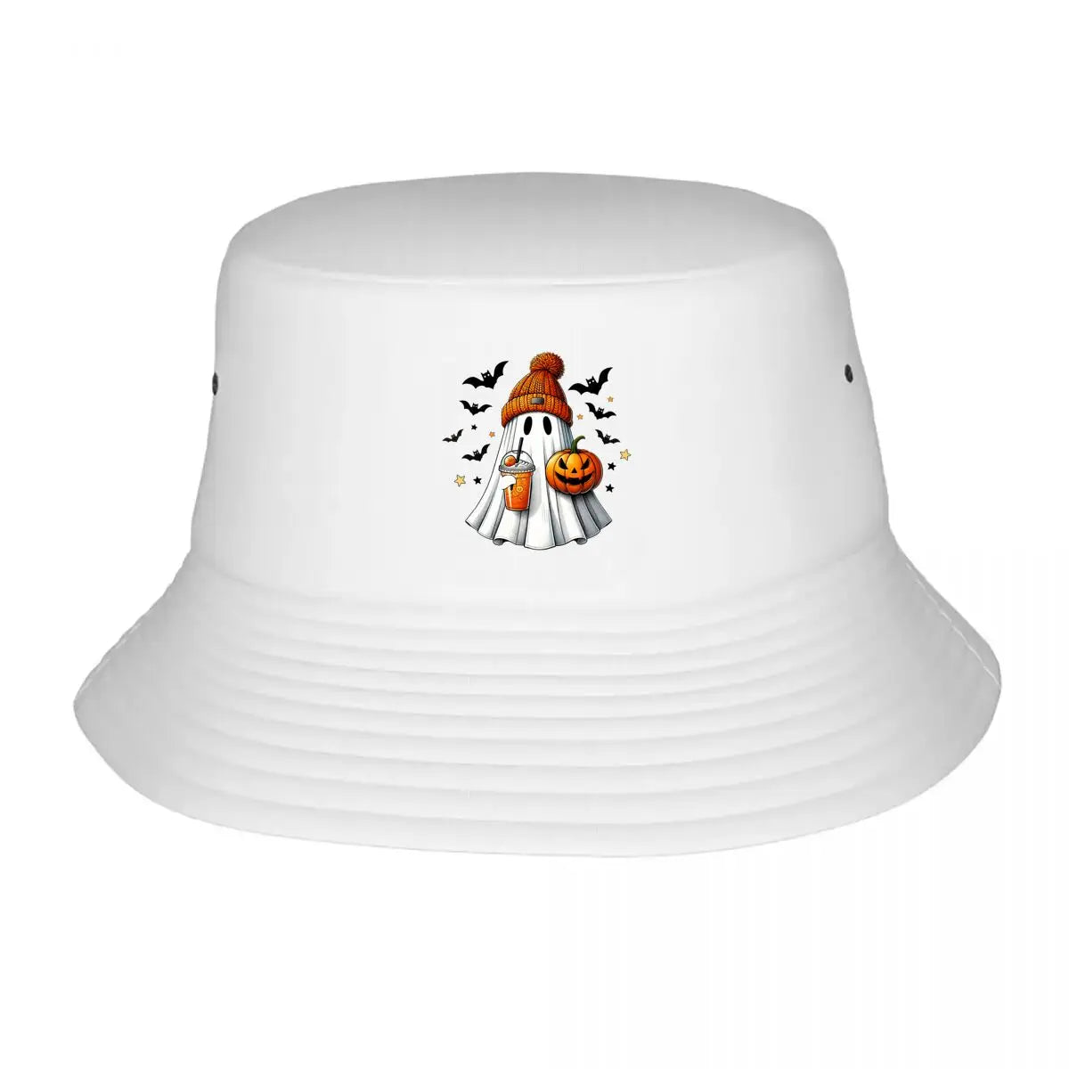 Cute Halloween Ghost With Knitted Beanie Pumpkin And Bubble Tea Bucket Hat