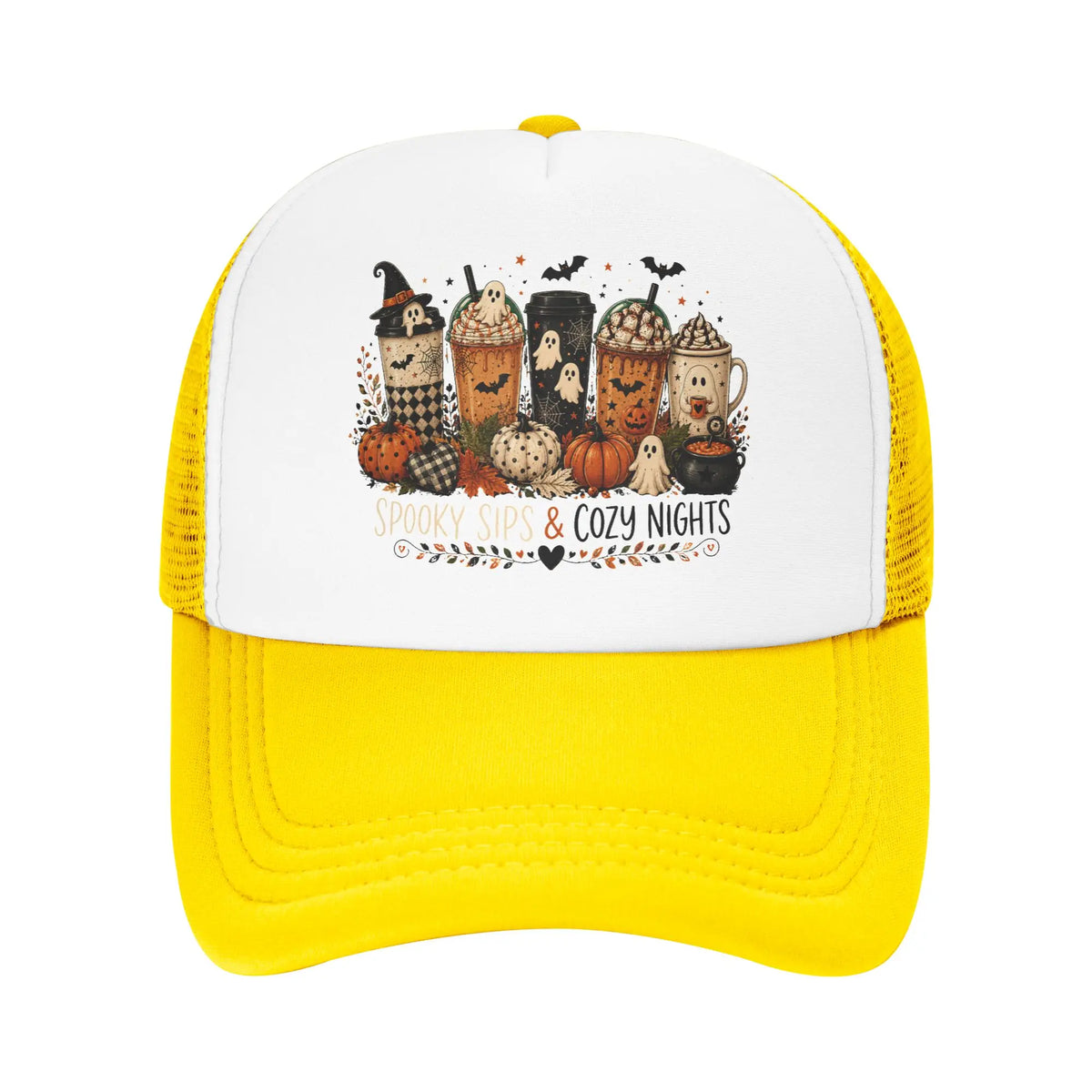Unisex Coffee Ghost Spooky Fall Trucker Hats Mesh Baseball Cap