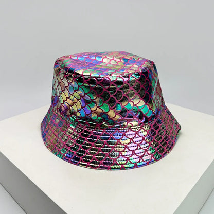Shiny PU Leather Colorful Bucket Hats Sunshade New Unisex Fisherman Caps