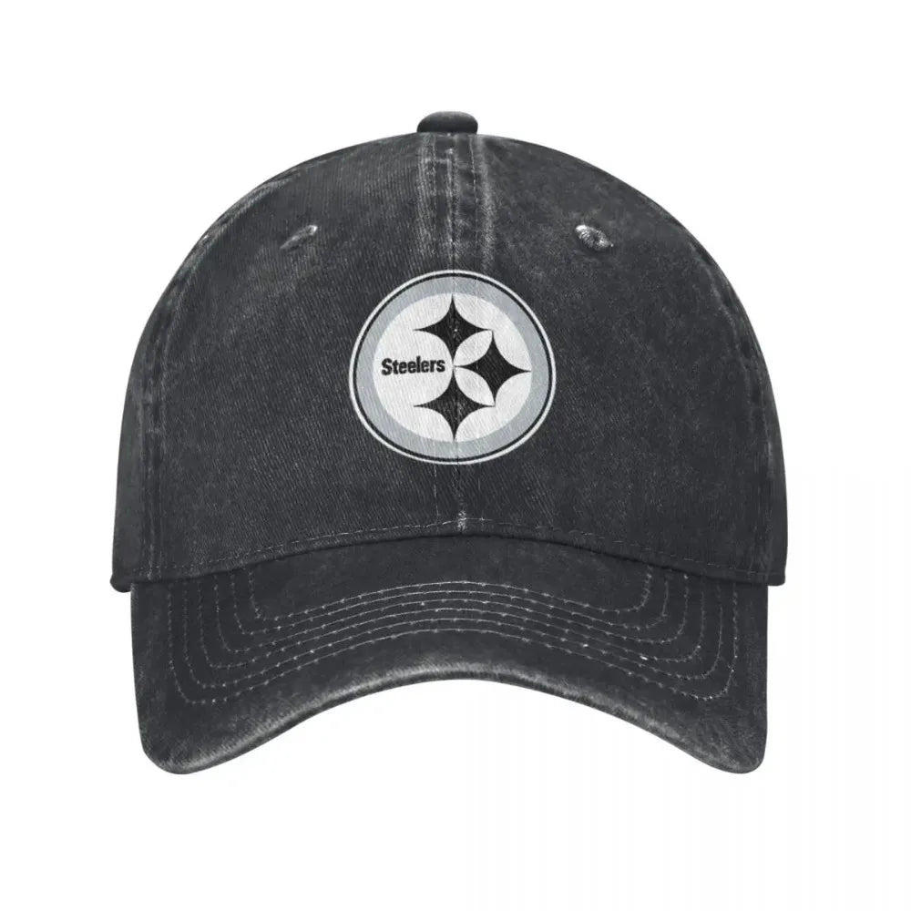 Black and White Steeler Logo Baseball Caps Vintage Denim Washed Headwear